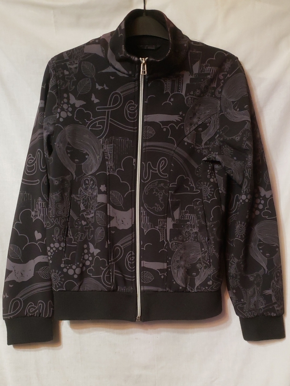 Girls Black Graphic Bomber Jacket - Full Zip